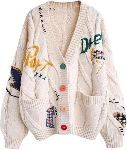 Suncadmious Donna Autunno e Inverno Basic Manica Lunga Maglia Cardigan Manica Lunga Bottone Ricamo Giacca Oversize Cappotto Cardigan Spesso (Mandorla,Taglia Unica)