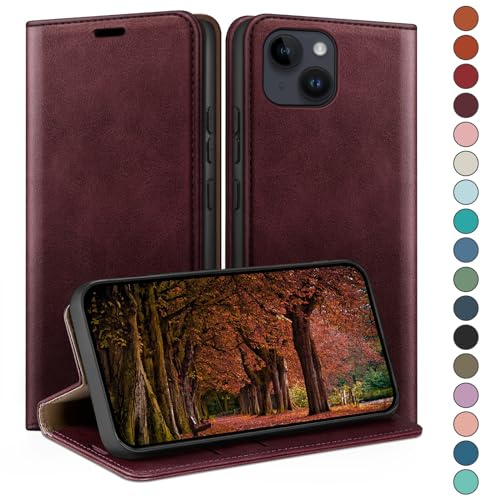 HUOUH for iPhone 14 6.1 Wallet case with RFID Blocking PU Leather,Flip Folio Book covers,Credit Card Holder Shockproof Phone case Women Men for Apple 14 case Wine Red