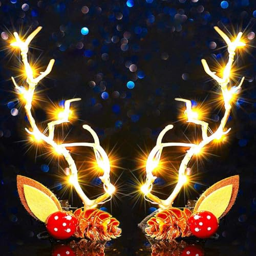 Zoestar leuchtende Haarspangen mit LED-Geweih, Haarspangen, Elch, Hirsch, Weihnachtskopfschmuck, Festivalkostüm, Kopfschmuck, Haarschmuck für Frauen (2 Stück)