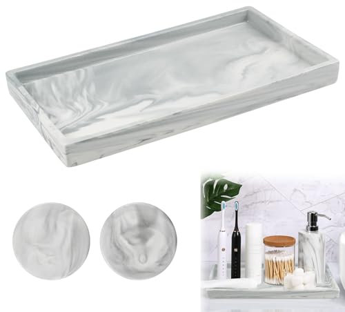 ADERTOS Badezimmer Tablett Keramik Badezimmertablett 28*16cm Grau Dekotablett Deko Ablage Tablett Bad Schminktisch Seifenspender Tablett für Waschtisch mit 2 Untersetzer für Kosmetik Schmuck Shampoo