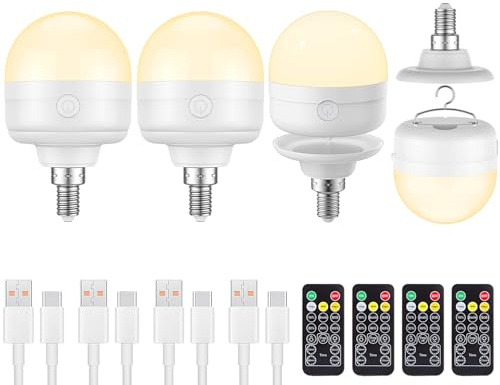 LGMCF Bombilla recargable, E14 regulable, bombilla LED con gancho oculto y mando a distancia, 10 W, 3 colores, con funk tion para camping, luz de emergencia con magnético, 4 unidades