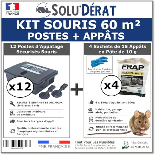 TOUT POUR LES NUISIBLES Kit Souris 60 m² avec 12 postes d'appâtage sécurisés et 4 sachets de 150g d'appâts en pâte - SOLU'DÉRAT