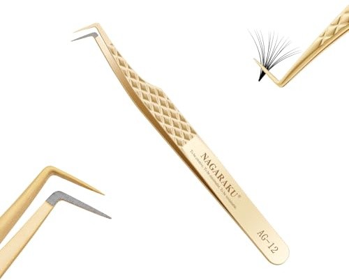 NAGARAKU Fiber Tip 85° Volumenpinzette Gold Edelstahl Präzisionspinzette mit 1cm Langer Spitze Diamond Rutschfester Grip für Präzise Mega Volume Fans & Stabilen Lash Griff (AG-12)