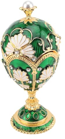 ZJchao Metall-Schmuckkästchen, Emaillierte Vintage-Schmuckschatulle, Dekorativer Schmuck-Organizer in Eiform mit Strasssteinen aus Legierung, Kleine Erinnerungsbox, Ideale (Grün Weiß)