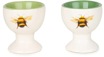 Home Deco London Ceramic Bee Egg Cups, Set of 2, White and Green