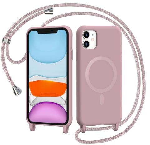 AOMYKE Handyband für iPhone 11 Hülle mit Band, Magnetisch Handyhülle kompatibel mit Magsafe zum Umhängen Schutzhülle mit Kette Kordel Weich TPU Liquid Silikon Case，Pink