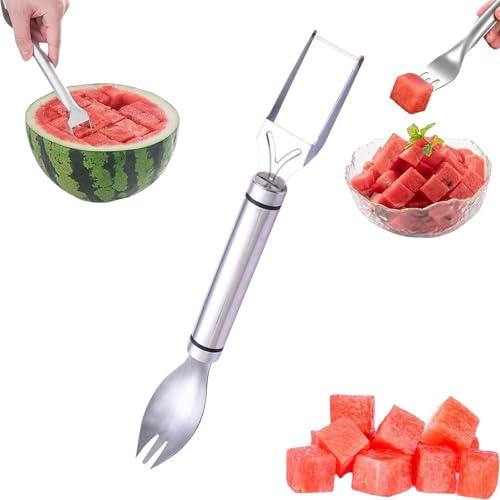 2 in 1 Fruit Cutter, Stainless Steel Watermelon Fork, Portable Cutting Tool, Double Head, Fruit Fork, Watermelon Slicer, for Home, Kitchen, Camping (1 Piece)
