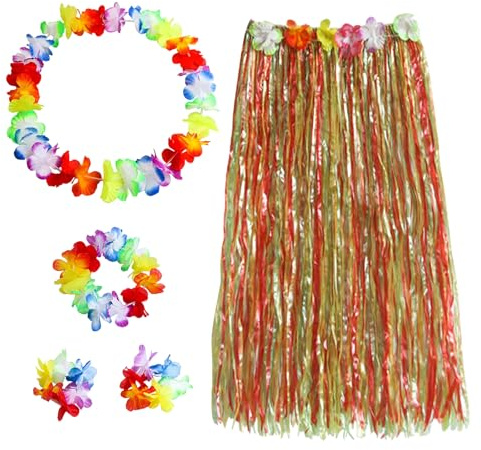 TUONYIS Set di 5 pezzi con gonna hawaiana Hula, decorazioni per feste, costumi in maschera, ghirlanda, collane, bracciali, gonne di erba, per feste tropicali hawaiane a tema spiaggia