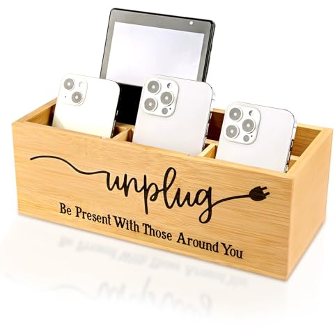 Bamboo Wood Phone Box – Unplug from Phones, Tablets, and Electronics for Study, Meetings, and Family Time, Phone Holder Organizer with Charging Holes, Farmhouse Style, Holds Up to 18 Phones-Wood