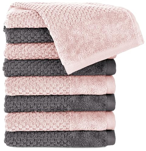 Pure Label Gästehandtücher 8-TLG 8x30x50, Anthrazit | Rosa | weich, saugstark, 100% Baumwolle & OEKO-TEX, mit Schlaufe