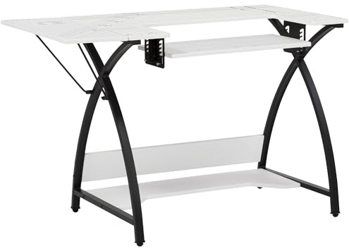 Pequeña mesa de costura con superficie blanca cuadriculada y patas negras, mesa para máquina de coser con plataforma ajustable, extensión abatible y estante de almacenamiento, multiusos: se puede