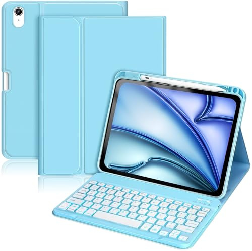 Custodia con Tastiera per iPad Air 11 M3 M2 2025 2024, Air 5 4 Generazione 10,9 Pollici, Retroilluminazione a 7 Colori, Tastiera Staccabile Senza Fili, con Portapenna, Azzurro