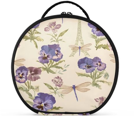 Runde Kosmetiktasche für Reisen, Make-up, Zug, Organizer, Tasche, tragbare Make-up-Pinsel, Kulturbeutel, Schmuck, Zubehör, Stiefmütterchen, Kirsche, Libellen, Blumenmuster, Stiefmütterchen Kirsche