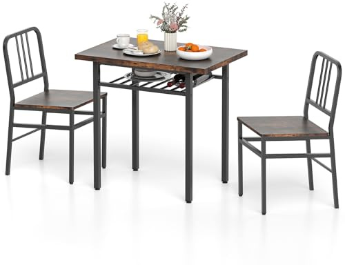 TANGZON Dining Table and Chair Set, 3-Piece Breakfast Table Set with 2 Chairs, Storage Shelf & Metal Legs, Modern Kitchen Furniture for Small Space, Apartment (Rustic Brown + Black)