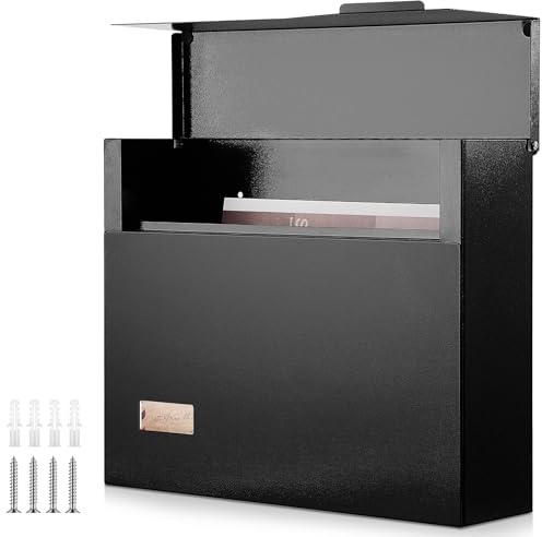 Yaocom Modern Mailboxes for Outside 14.6 x 12.2 x 4 Inches Large Capacity Wall Mount Waterproof Mailbox Steel Rust Proof Metal Post Box Black Metal Mail Box for Home Office School