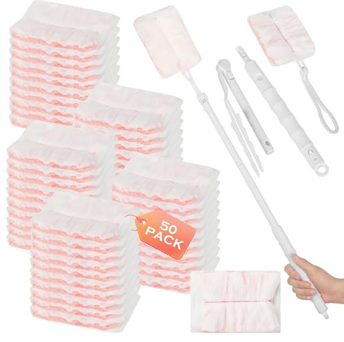 52 Pieces for, kompatibel mit für Swiffer staubmagnet, für Swiffer Duster 50 Staubtüchern + 1für swiffer teleskopstange + 1 Kurzgriff, Staubentfernungstuch absorbiert effektiv Staub（ rosa ）