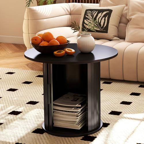 COSVALVE 60CM Round Circle Wood Coffee Table with Hidden Storage & Sliding Door, Farmhouse Side Table for Living Room, Bedroom, Balcony, Small Spaces, Black