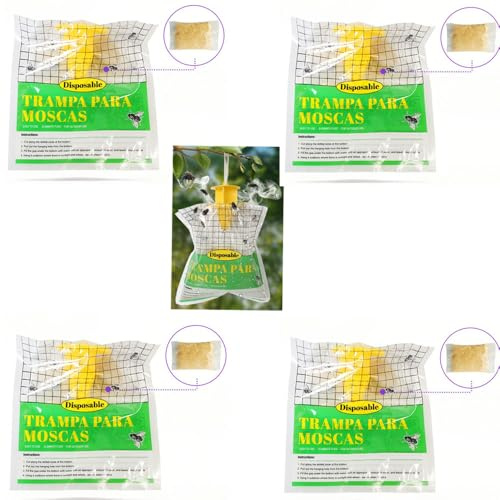 4er Fliegenfalle Outdoor – Wasserlöslicher Köderbeutel mit Haken, Hängbare Fliegenfallen für Garten, Camping & Mülltonnenbereich Zubehör zu Fliegenfalle für draußen