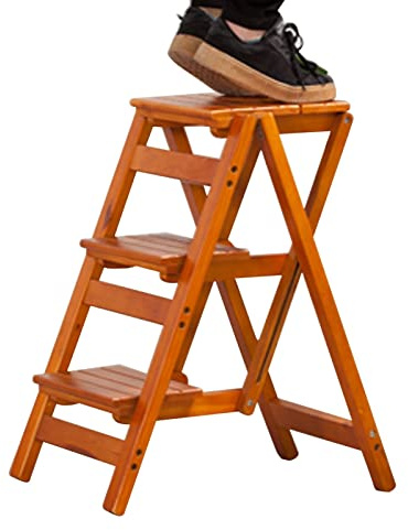 Portable Foldable 3-Step Wooden Ladder Stool - Non-Slip Multi-Function Safety Chair for Household Use, Compact Small Foot Stool for Easy Storage and Convenience