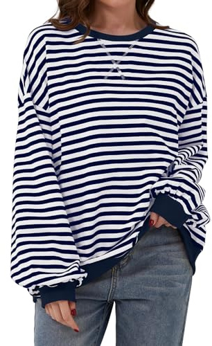 Wayleb Felpa Girocollo Donna a Righe Manica Lunga Pullover Basic Larga Oversize Casual Elegante per Tempo Libero Ufficio Primavera, Blu Navy S