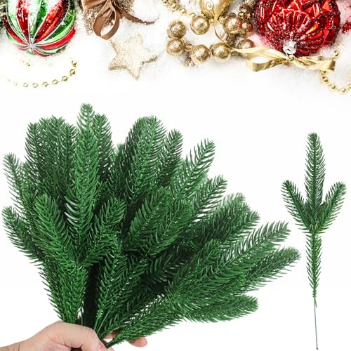 INSANYJ 50 Stück Tannenzweige Künstlich wie Echt, 27cm Künstliche Tannenzweige Deko Zweige Weihnachten Kiefer Picks Grüne Pflanzen Kiefer Nadeln für DIY Girlande Kranz Weihnacht Home Garden Decor