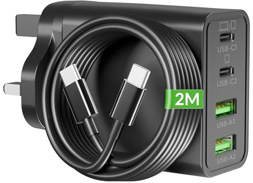 ARCCRA 65W USB C Charger, 4-Port GaN Super Fast Charging Plug & 2M Cable | Multi PD/PPS UK Laptop Charger + Type C Cord for MacBook Pro/Air, iPad, iPhone 17/16/15, Samsung S26 S25, Chromebook Dell HP