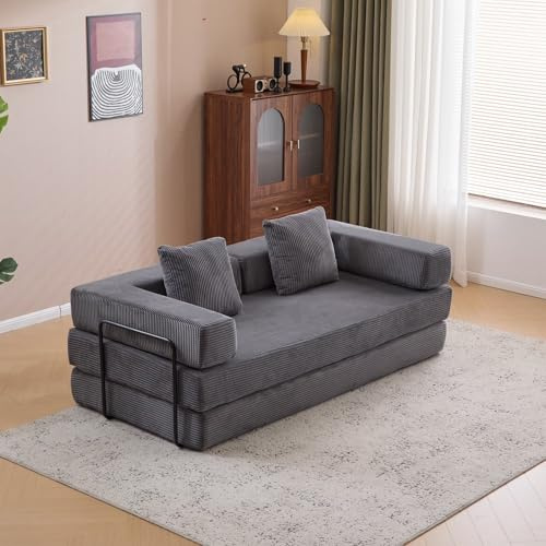 WENMEE Sofá Cama Convertible De Pana con Reposabrazos Y Almohada para Sala De Estar(Gray,150x100x70cm)