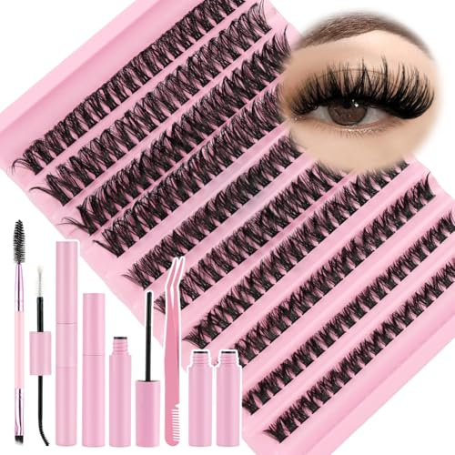 LOPHE Einzelne Wimpern, 200Pcs Cluster Wimpern D Curl 8-16mm, DIY Eyelash Extensions Set mit Bindung und Siegel, 60D Individuelle Lashes Extensions Einsteiger-Kit