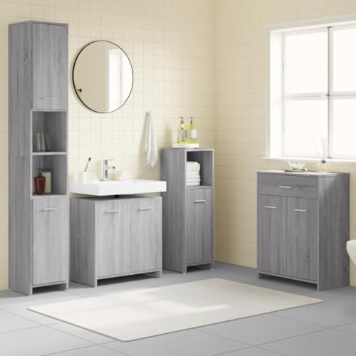 Hommdiy 4-TLG. Badmöbel-Set Badezimmerschrank Komplettset Badezimmermöbel Set Grau Sonoma Holzwerkstoff