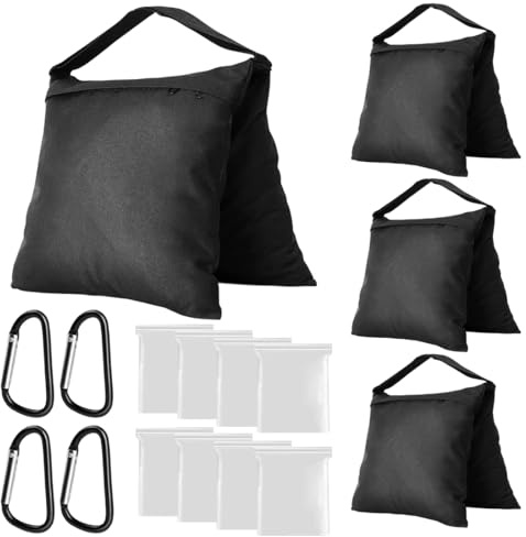 4 Stück Sandsäcke Zum Beschweren Set, 57x26,5cm Sandsack mit 4 Kletterhaken und 8 Verschlussbeutel, 600D Oxford Sandbag Leerer Sandsäcke Gewichte Beschwerung für Pavillon, Zelt, Stativ, Fotografie
