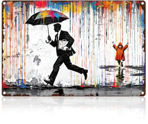 Doodlream Banksy Raining Day Tin Sign Retro Metal Wall Decor 20 x 30cm Vintage Graffiti Hold an Umbrella Wall Art Poster for Home Room Cafes Bar Pub Outdoor Bathroom Kitchen Garage Man Cave Decor Gift