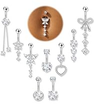 Finrezio 9 Pz Piercing Ombelico Acciaio Chirurgico Set 14G Ombelico Piercing Argento per Donna Piercing Ombelico Pendente Fiore Farfalla Ombelico Belly Dangly Ombelico Navel Piercing Gioielli