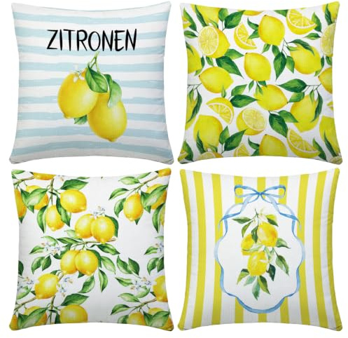JoyAura Outdoor Kissenbezug Zitronen Dekokissen Garten Sofa | 4 Stück Kissenbezüge 40 × 40 cm in Gelb mit Zitronen Design für Garten, Balkon und Sofa Dekoration