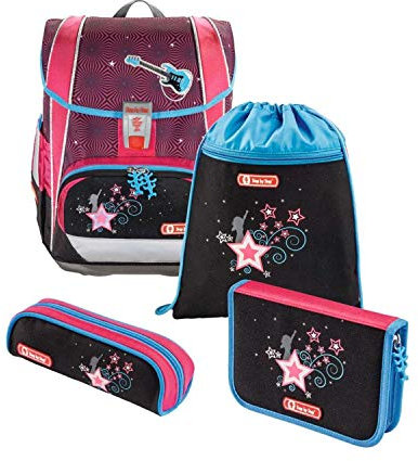 Step by Step Schulranzen-Set Light „Popstar“ 4-teilig, pink-schwarz, Sterne-Design, ergonomischer Tornister mit Reflektoren, höhenverstellbar für Mädchen 1. Klasse, 18L