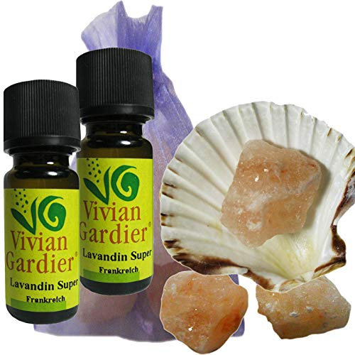 Lavandin ätherisches Öl naturrein 2 x 10ml aus kontrolliertem Anbau. 7 teiliges Aromatherapie Duft Set mit Muschel + 3 Salz Kristalle zum Beduften + Säckchen. 50007
