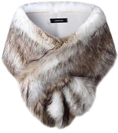 Caracilia Shawl Wrap Faux Fur Shrug Stole Scarf Winter Bridal Wedding Cover Up sansemao CAFB3, Fox White / Brown, Small