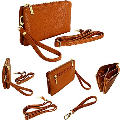 The Accessory Co. Womens Small Clutch Bag Plain Crossbody Purse Multi Compartment Pocket Evening Bridal with Wristlet and Long Shoulder Strap (Tan)