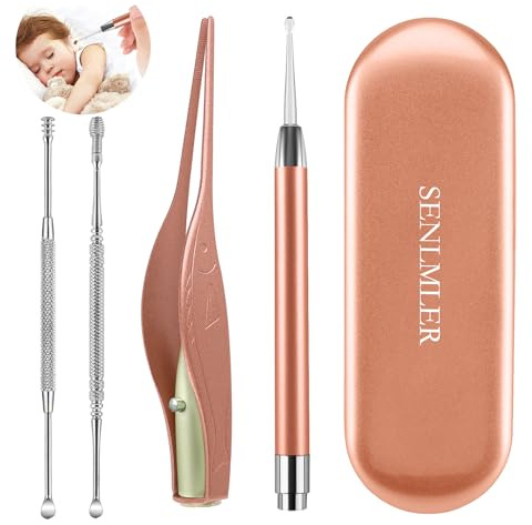 4 Pack Ear Pick with Light, Ear Cleaner Ear Wax Removal Tool Kit for Kids and Adults, Ear Picks Digger & Tweezers & Spiral Spring Ear Spoon Set with Storage Box (Rose Gold)