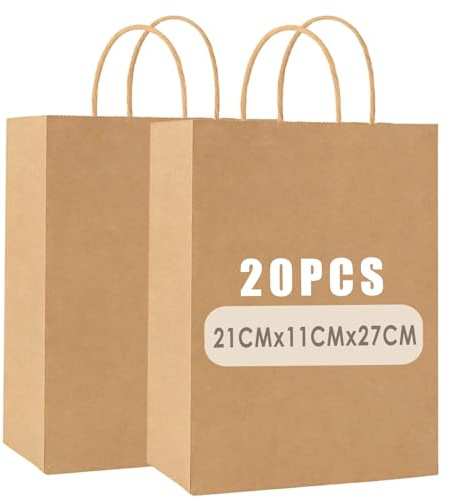 Gaoyong 20pcs Paper Bags with Handles 8.27×4.33×10.63 Inch Gift Bags for Shopping Merchandise Boutique Retail (130gsm,21x11x27cm)