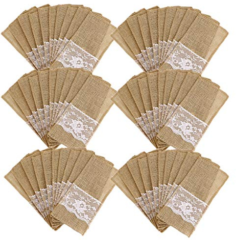 OwnMy 60 Packs Natural Burlap Tableware Utensil Holders Burlap Lace Silverware Holder Linen Knife and Forks Cutlery Pouch Bag for Vintage Rustic Wedding Party, Beige