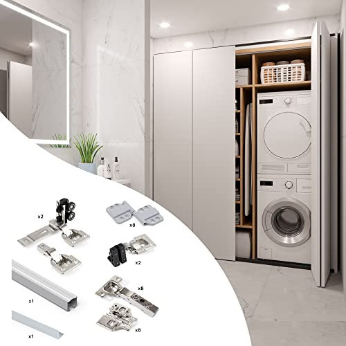 Emuca - Sistema para 2 puertas correderas de madera colgadas y plegables, con guiador inferior, tableros no incluidos, cierre suave, Aluminio anodizado