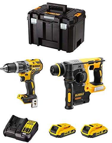 Todotaladros DWK210 (20V, 2 Ah Li-Ion) - 6-Tlg. Elektrowerkzeug-Set: Schlagbohrschrauber DCD796, Kombihammer DCH273, 2x 2,0 Ah Batterien, Ladegerät, TSTAK VI