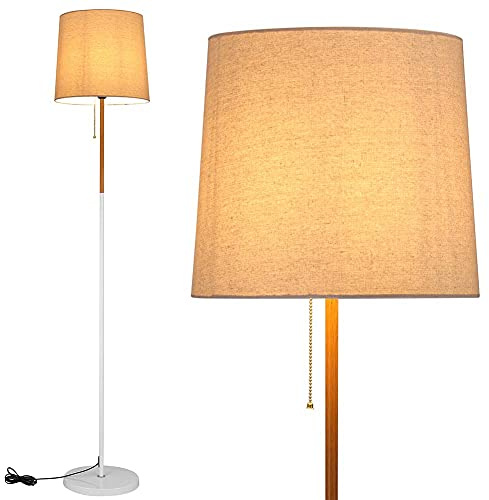 BAKAJI Lampada Piantana da Terra Luce Lampadina E27 Max 60W Base Rotonda Struttura in Metallo e Legno Paralume in Tessuto Design Moderno Accensione a Catena Altezza 170 cm (Bianco)