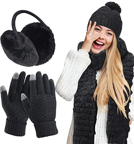 JenPen 4 Pcs Winter Hat Scarf and Gloves Set for Women Include Ear Cover Cold Weather Scarf Hat Knit Beanie Gloves(Black)