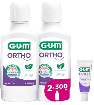 Bain de bouche GUM ORTHO |spécialement conçu pour porteurs d'appareil orthodontique |réduit l'accumulation de plaque |renforce l'émail |sans alcool |goût menthe verte | 2x300ml (+1 bonus gratuit)