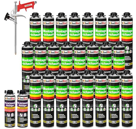 Isolbau Bauschaum-Set - Inkl. 24 x 1K Montageschaum B2 Pistolenschaum mit hervorragender Schall und Wärmedämmung (je 750 ml), 2 x PU-Schaum-Reiniger (500 ml) & 1 x Schaumpistole, Dämmen