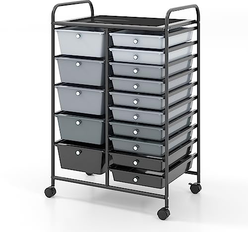 COSTWAY 15 Drawers Storage Trolley, Home Office Stationary Rolling Cart with 4 Wheels, Multipurpose Mobile Organiser Shelving Unit for Makeup Beauty (63 x 37 x 87cm, Gradient Black with Black Frame)