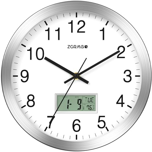 Zgrmbo Funk-Wanduhr (große Funkuhr mit analog Zeitanzeige, batteriebetrieben Wanduhr mit digitaler Kalender- und Temperaturanzeige) Silber, 30 x 30cm