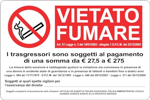 GLOBAL CARTELLO SEGNALETICO - VIETATO FUMARE CON LEGGE - Adesivo Extra Resistente, Pannello in Forex, Pannello In Alluminio (20x31 cm, Alluminio)