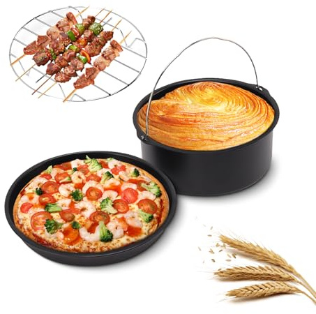 Tissting 3 Pcs Accessori Friggitrice ad Aria, 16cm Antiaderente Barile per Torta Friggitrice ad Aria Teglia per Pizza Acciaio Inossidabile Griglia per Friggitrice ad Aria Strumenti da per Cucina
